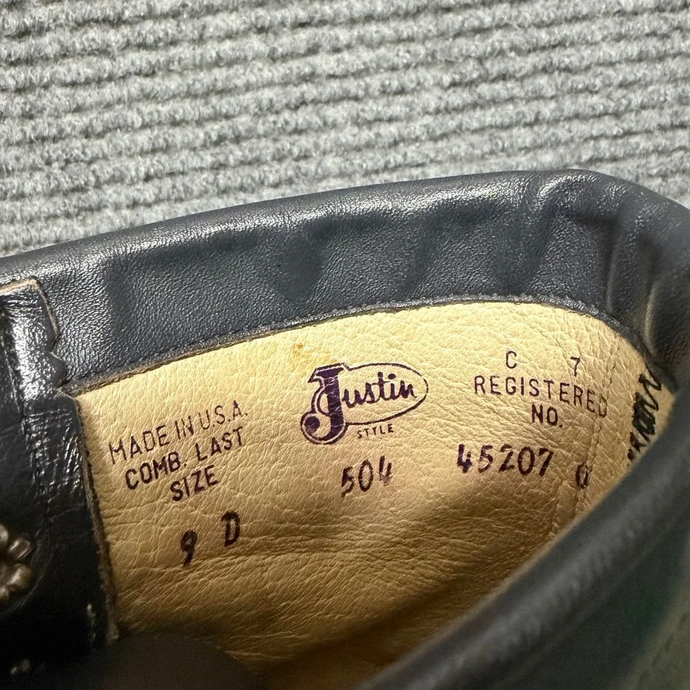 Vintage Justin Boots Mens 9 D Style 504 Black Leather Kiltie Packer Lacer USA